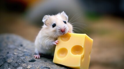 Fototapeta premium Adorable Hamster Holding Cheese on a Stone in a Natural Setting Capturing Curiosity and Playfulness
