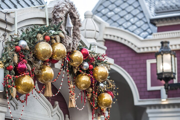 The new year is 2025. Christmas decorations and toys on the streets of the city. Christmas holidays, winter New Year decor in the center of Moscow.