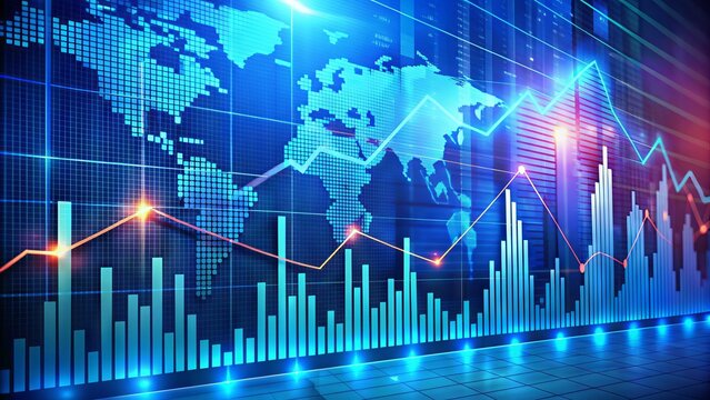 A sleek, modern graphic display showcases fluctuating stock prices and market trends on a vibrant blue background, surrounded by subtle financial data and charts.