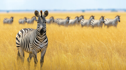 Obraz premium Zebra stands in the foreground of an expansive savannah, with a herd grazing in the background, embodying the wild beauty of African wildlife.