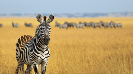 Obraz premium Zebra stands in the foreground of an expansive savannah, with a herd grazing in the background, embodying the wild beauty of African wildlife.