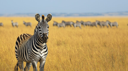 Fototapeta premium Zebra stands in the foreground of an expansive savannah, with a herd grazing in the background, embodying the wild beauty of African wildlife.
