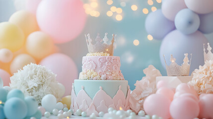 A beautifully decorated setup with pastel balloons, cakes, and crowns, creating a whimsical and festive atmosphere for a baby shower.
