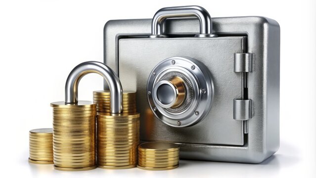 A sleek silver combination lock securing a miniature safe filled with gold coins and stacks of money, symbolizing protected financial growth and prudent investment.