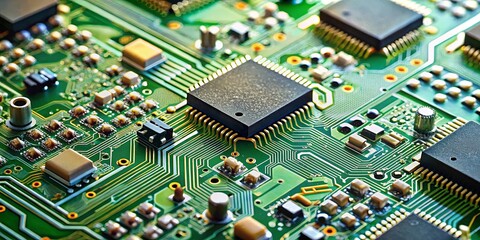 Close-up of an electronic circuit board with various components and pathways