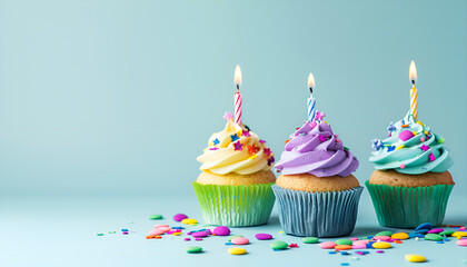 Happy Birthday. Colorful cupcakes with candles on light blue background