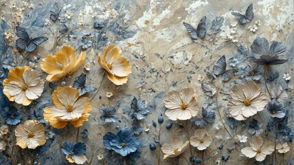 Fototapeta premium Painting group flowers butterflies textured background are vario