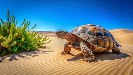 A slow-moving desert tortoise navigates through a vast, arid landscape of sandy dunes and sparse vegetation under a clear blue sky.