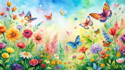 Abstract watercolor garden bursting with colorful butterflies and vibrant flowers