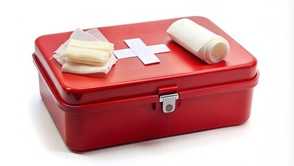 A small, portable red first aid box with a white cross on the lid, filled with bandages, antiseptic wipes, and other medical supplies.