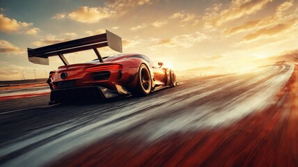 Digital rendering red sports car race track sunset A sleek, red