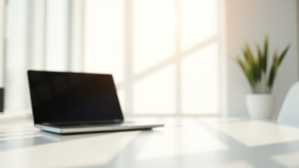 Fototapeta premium Blurred Laptop on Desk with Sunlight Streaming in
