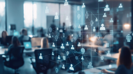 Modern office environment with interconnected digital icons representing a network of people, symbolizing communication and collaboration in a tech-driven workspace.