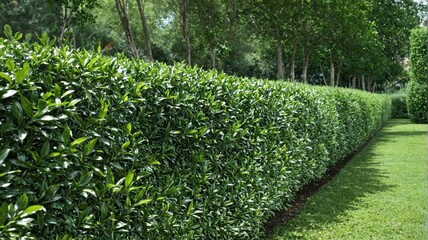 Long neatly trimmed hedge garden is made up Using cherry laurel