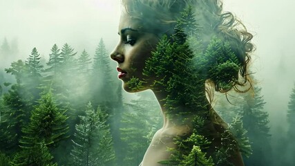 Spirit of the Forest: A serene woman's profile merges seamlessly with a misty evergreen forest, her essence intertwined with nature's tranquility.  - Powered by Adobe