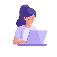 Illustration of a woman using a laptop, working or studying, isolated on a white background, ideal for educational and work-related concepts. transparent background