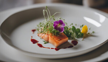 A close-up of a gourmet dish artfully plated with edible flowers and microgreens