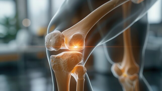 Augmented Reality Render of Human Knee Joint Highlighting Joint Pain and Inflammation in a High-Tech Medical Illustration