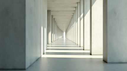 Fototapeta premium A minimalistic hallway with tall pillars casting long shadows.