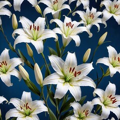 Obraz premium buds of white lilies and blooming flowers on a blue background