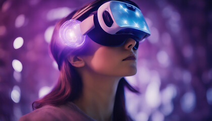 A close-up of a person wearing futuristic virtual reality goggles, with beams of light streaming