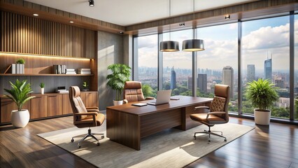 Fototapeta premium A Spacious Executive Office Interior With Modern Furniture, Large Windows, And A Minimalist Aesthetic