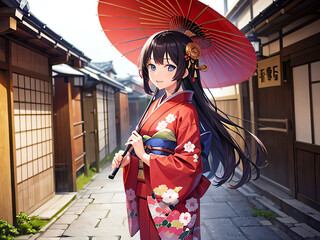 着物を着て和傘を持った日本の女の子