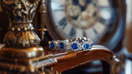 A close up of a sapphire bracelet with diamonds laying on a vintage clock. The blue stones catch the light, and the clock face is in soft focus in the background.