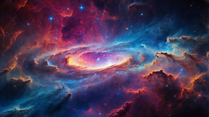 Fototapeta premium Colorful cosmic nebula with swirling gases and bright stars, representing a deep space phenomenon.