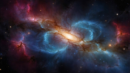 Fototapeta premium Colorful cosmic nebula with swirling gases and bright stars, representing a deep space phenomenon.