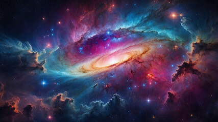 Fototapeta premium Colorful cosmic nebula with swirling gases and bright stars, representing a deep space phenomenon.