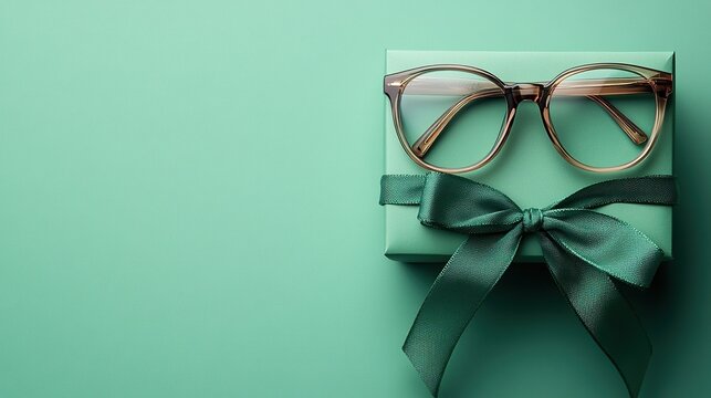 Flat lay gift box with green ribbon, coffee mug, eyeglasses on green background, Happy Father's Day banner design.