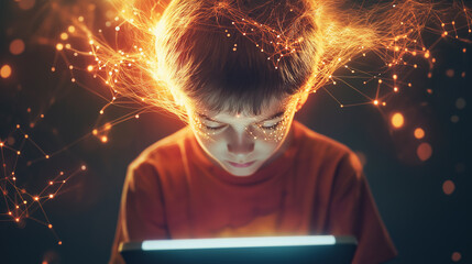 A young boy intensely focused on a digital tablet, surrounded by glowing neural connections.