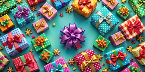 Colorful and festive gift pattern with presents, ribbons, and bows
