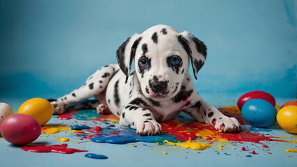 Dalmatian puppy lying on colorful splashed paint with spotted fur and curious expression, bright...