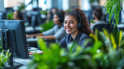 A smiling customer service representative wearing a headset in a green office.