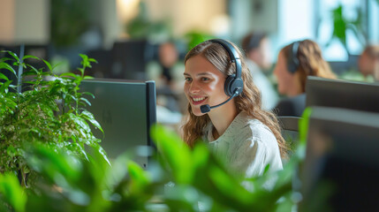 A smiling customer service representative wearing a headset in a green office.