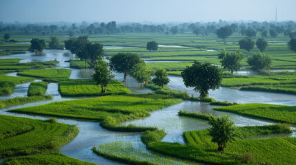 A lush green field with a river running through it. The water is calm and the trees are tall