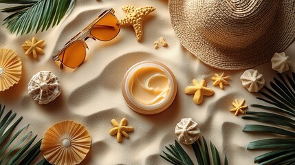 Flat lay of sun protection cream for babies and toddlers with towel, kids sunglasses, panama hat, and sandbox toys on a beige background.