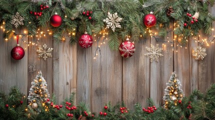Festive Christmas garland with red baubles, gold snowflakes, and pine branches on a wooden background. Perfect for rustic holiday designs.