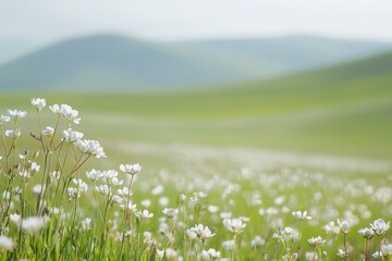 The tiny, intricate details of a flower on a distant hillside, with the surrounding field softly blurred. 