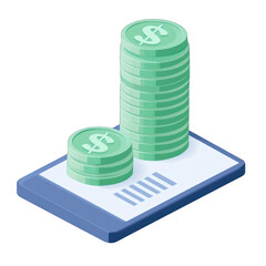 Stack of green dollar coins on a sleek digital tablet, representing online financial management and digital currency. transparent background