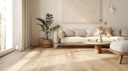 Minimalist living room design with natural wood accents , Scandinavian interior design , Modern living room , Oak hardwood flooring