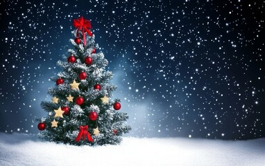 Decorated Christmas tree in a snowy night, with glowing lights and festive ornaments, perfect for a holiday card.