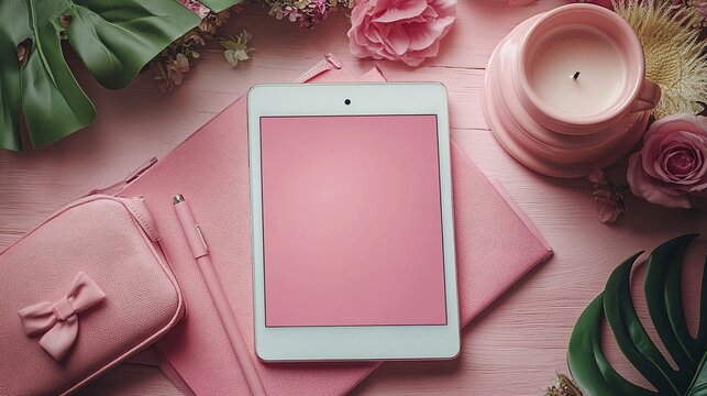 Feminine workspace flat lay with digital tablet mockup, handbag, notebook, candle, and bohemian elegant decorations.