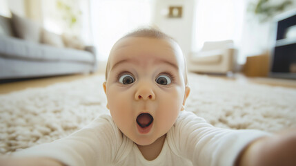 A surprised baby with wide eyes and open mouth in a cozy living room.