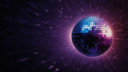 A radiant disco ball sparkling with violet and blue lights against a burst of glowing streaks.
