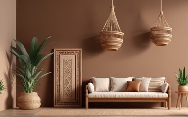 Cozy home interior with wooden furniture on brown background, empty wall mockup in boho decoration, 3d render