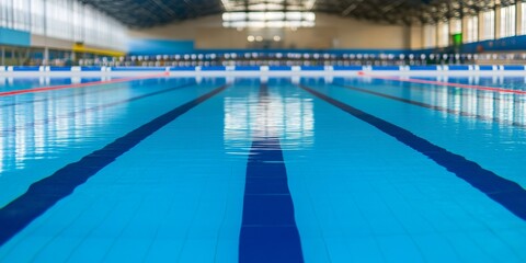 Obraz premium A view of an Olympic swimming pool, with blue and white stripes on the water surface