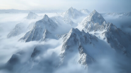 Fototapeta premium A breathtaking view of snow-covered mountain peaks emerging through clouds.